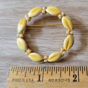Urie Mandle Vintage Enameled Wreath Brooch - Yellow with Faux Pearls